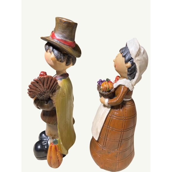 Thanksgiving Pilgrim Couple Figurines Holding Turkey & Harvest Baskets - Picture 6 of 10